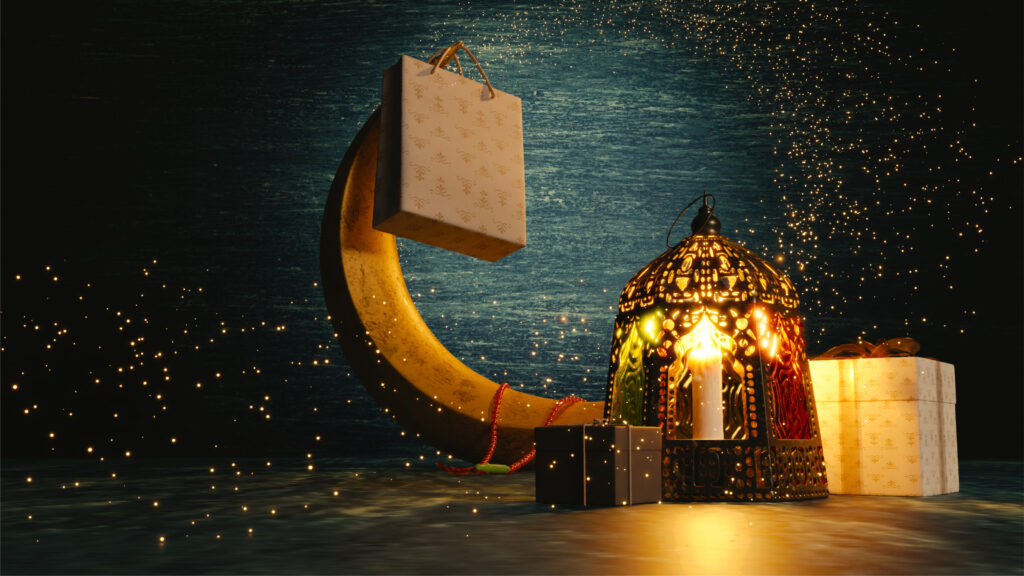 3d render crescent moon illuminated lantern gifts