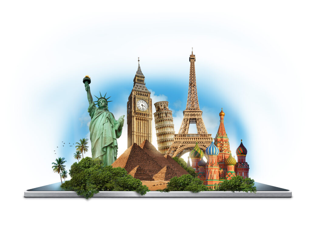 travel concept with worldwide landmarks