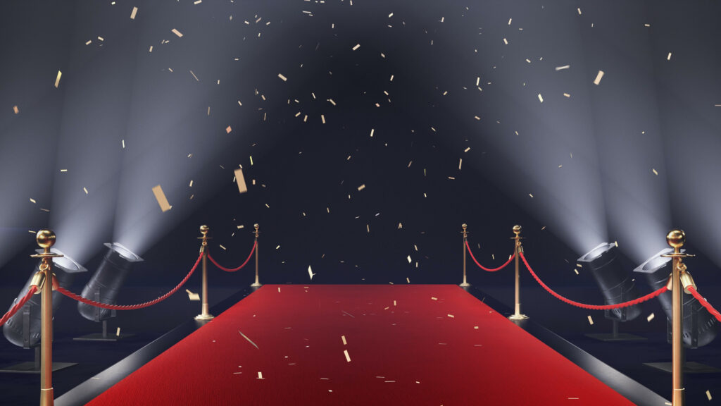 3d render red carpet with confetti volume light black background